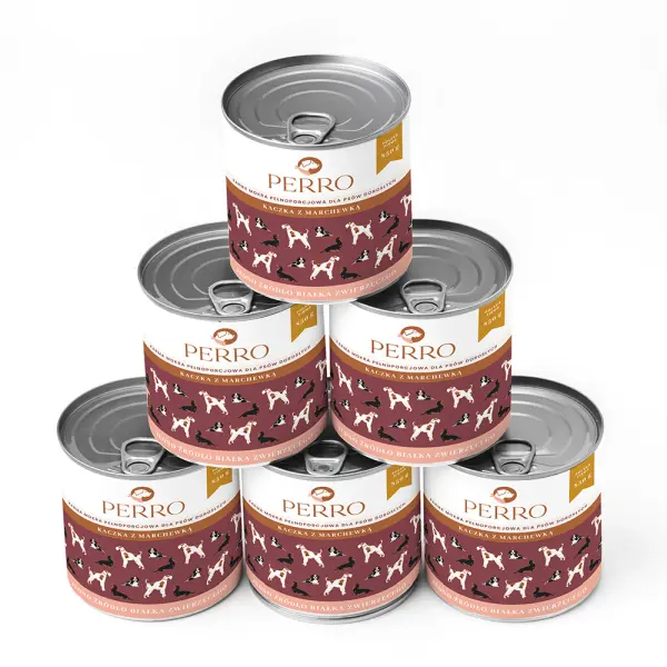 Mokra karma Perro w puszce 850g o smaku kaczki z marchewką dla dorosłych psów.
