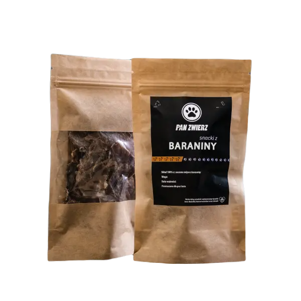 Suszone smaczki z baraniny w strunowej papierowej torebce 25g