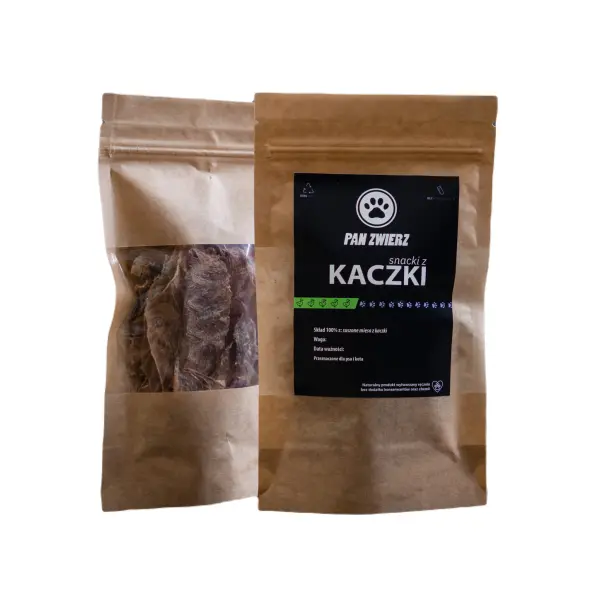 Suszone smaczki z kaczki zamknięte w strunowej papierowej torebce 25g