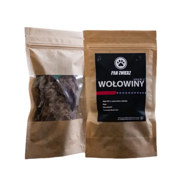 Suszone smaczki z wołowiny w strunowej papierowej torebce 25g