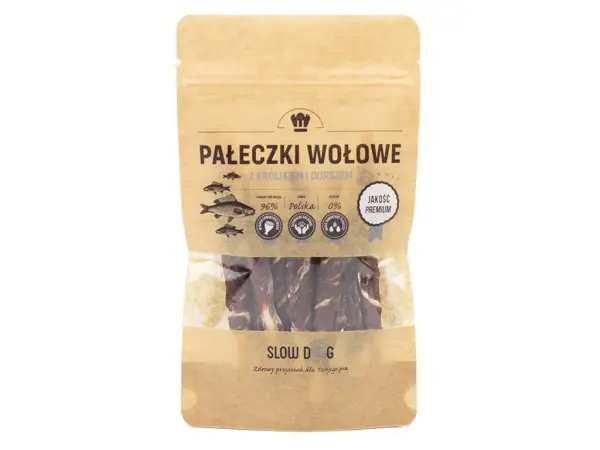 Pałeczki wołowe z królikiem i dorszem w papierowej strunowej torebce 100g Slow Dog