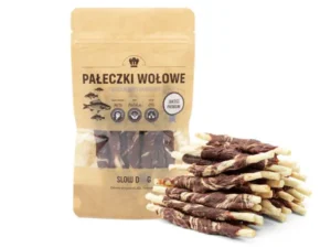 Pałeczki wołowe z królikiem i dorszem. Przysmak dla psa w papierowej torebce 100g Slow Dog