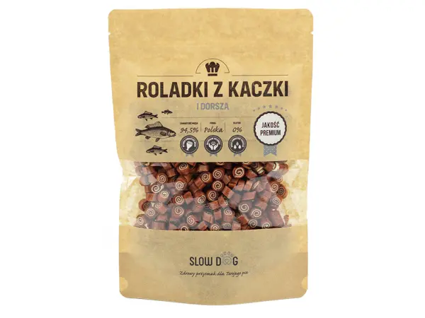 Roladki z kaczki i dorsza - naturalny przysmak dla psa Slow Dog w strunowej torebce 500g