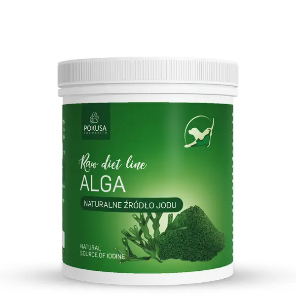 Algi dla Psa i Kota 350g w okrągłym plastikowym opakowaniu z białą nakrętką i zieloną obwolutą marki Pokusa