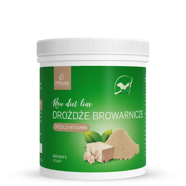 Drożdże browarnicze dla kota i psa 250g w plastikowym pojemniku z białą nakrętką i zieloną obwolutą Pokusa