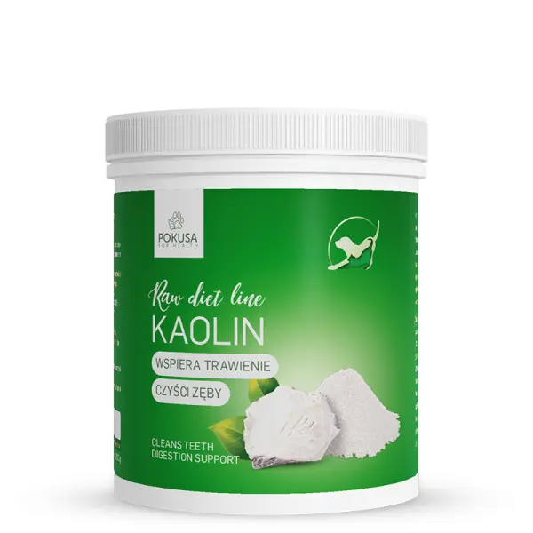 Kaolin dla psa i kota w okrągłym plastikowym opakowaniu z białą nakrętką i zieloną obwolutą 400g marki Pokusa