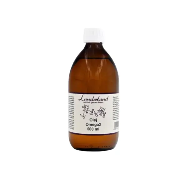 Olej Omega-3 500ml Lunderland dla Psów i Kotów. W szkalnej brązowej butelce z białą, plastikową nakrętką.