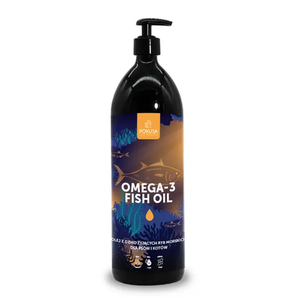Olej Omega-3 1000ml dla Psa i Kota, w szklanej brązowej butelce z pompką, producent Pokusa