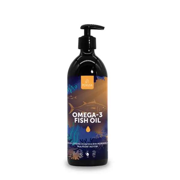 Olej Omega-3 dla Psów i Kotów 500ml, w brązowej, szklanej butelce z pompką, Pokusa