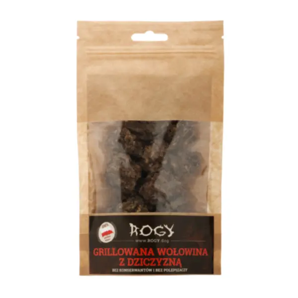 Grillowana wołowina z dziczyzną, przysmak dla Psa w papierowej torebce 80g, producent Rogy
