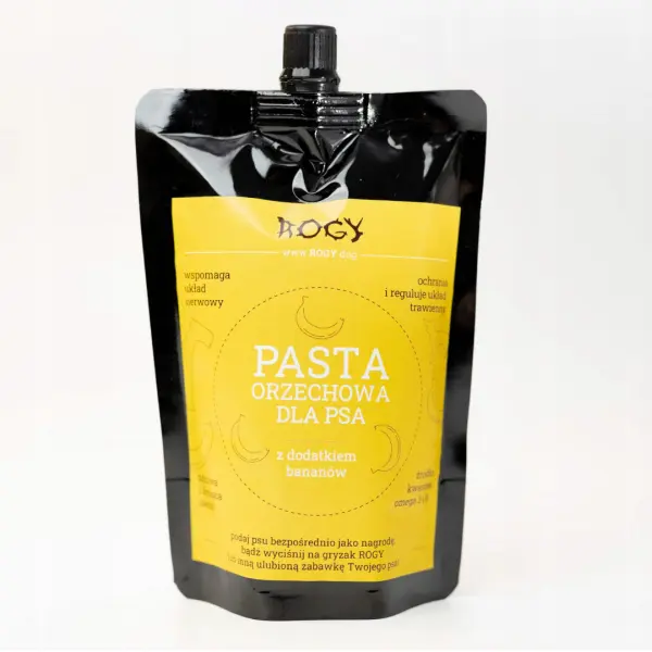 Pasta orzechowa z dodatkiem banana 300g w czarnej torebce zakręcaną na korek, z żółtą etykietą
