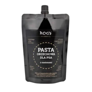 Pasta orzechowa z nasionami dla Psa 300g w czarnej torebce zamykana na korek, producent Rogy