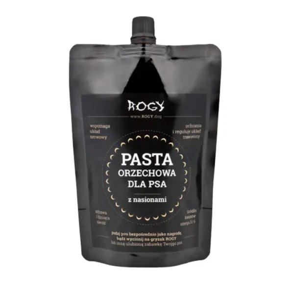 Pasta orzechowa z nasionami dla Psa 300g w czarnej torebce zamykana na korek, producent Rogy