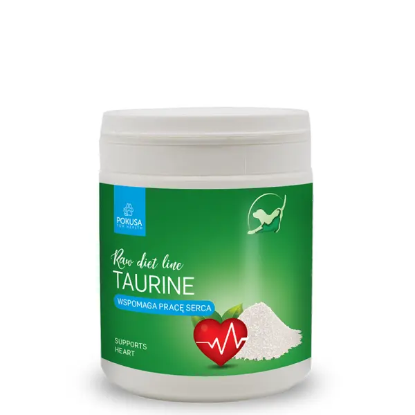 Tauryna dla Kota i Psa 150g w plastikowym okrągłym opakowaniu z białą nakrętką i zieloną obwolutą marki Pokusa