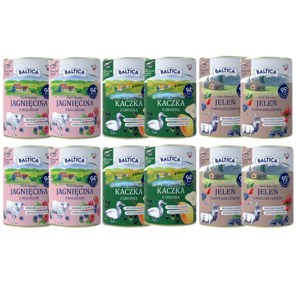 Mix smaków dla Psa - mokra karma hipoalergiczna. Opakowanie 4 puszki Baltica x 400g. 3 smaki - kaczka z gruszką, jagnięcina z malinami, jeleń z owocami leśnymi