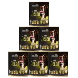 Karma mokra chudy jeleń w puszce 850g, etykieta slow dog z psem