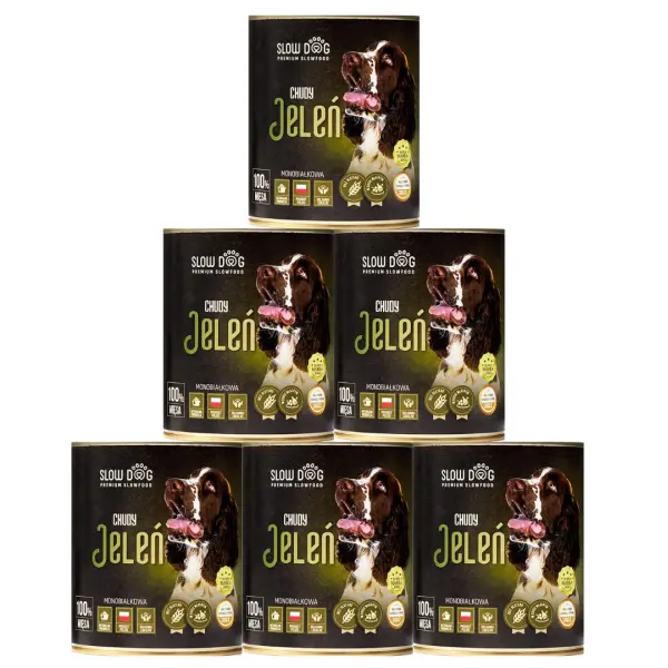 Karma mokra chudy jeleń w puszce 850g, etykieta slow dog z psem