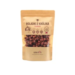 Roladki z królika i dorsza 250g. Naturalny przysmak dla Psa. Opakowanie -papierowa torebka strunowa