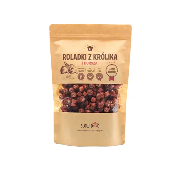 Roladki z królika i dorsza 250g. Naturalny przysmak dla Psa. Opakowanie -papierowa torebka strunowa