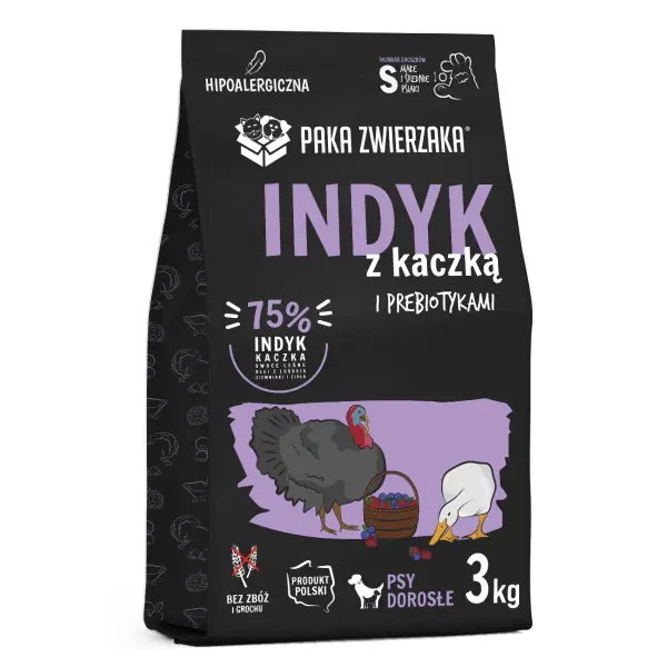 Indyk z kaczką 3kg, hipoalergiczna karma sucha dla psów małych i średnich ras.