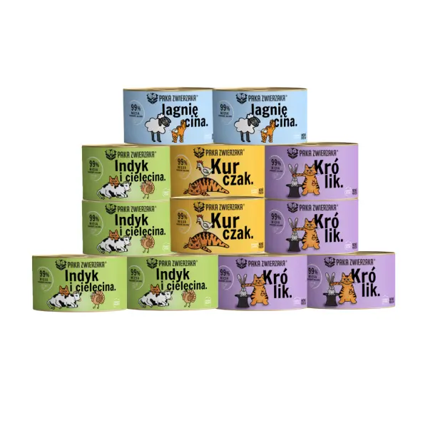 Mix smaków dla kota. Karma mokra, puszki 200g, smaki jagnięcina, indyk z cielęciną, królik, kurczak