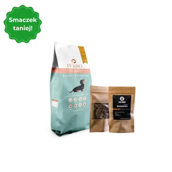 Sucha karma Perro kaczka z batatami 3kg w zestawie z suszonymi smaczkami z baraniny 25g