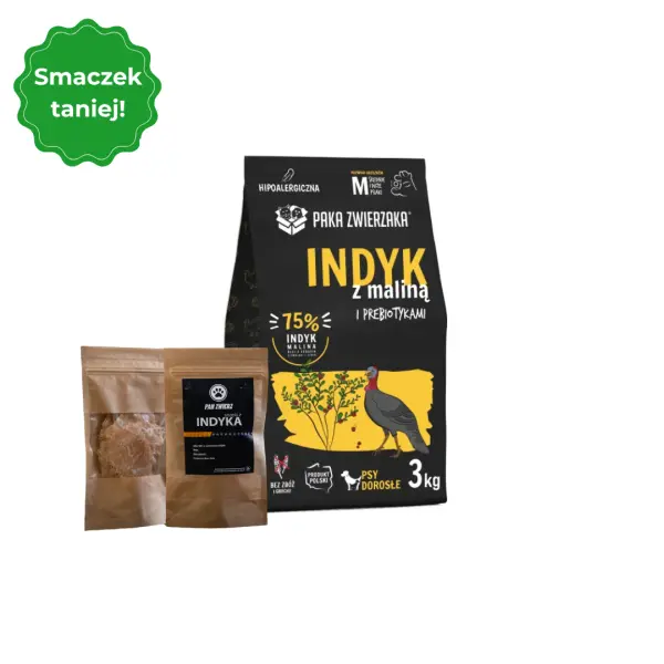 Karma dla Psa indyk z maliną dla średnich i dużych Psów - 3kg + suszone smaczki z indyka 25g