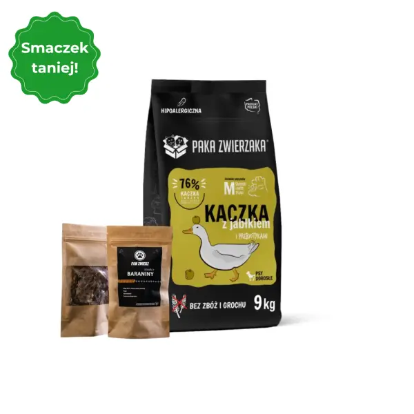 Karma sucha kaczka z jabłkiem dla psa 9kg + suszone smaczki z baraniny 25g