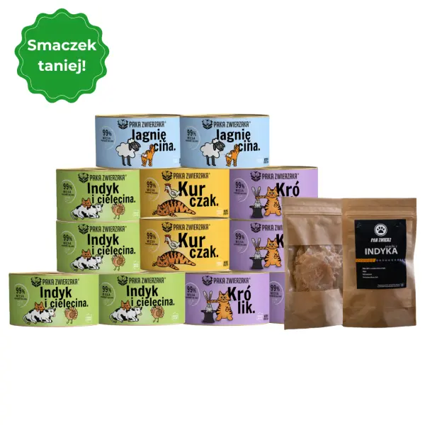 Mix Smaków dla Kota – Zestaw 12x200g + suszone smaczki z indyka 25g