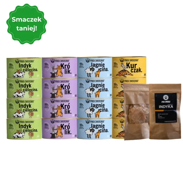 Zestaw Mokrej Karmy 16x200g + suszone smaczki z Indyka 25g